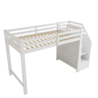 Letto a soppalco per bambini con rete a doghe, parapetto perimetrale e vano portaoggetti, 256x98,5x147 cm, Bianco(m-9)