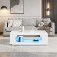 Mesa de centro con iluminación LED, gran espacio de almacenamiento con gestión de cables integrada, 100x50x35 cm, Blanco(m-4)