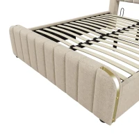 Letto matrimoniale imbottito con spazio contenitore e rivestiento effetto lino, 203x150x102 cm, Beige(m-9)