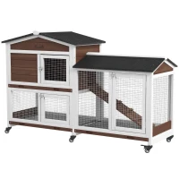 PawHut Kleindierhok met wielen, dwergkonijnenhok, ren, bitumendak, kleindierhuis, dwergkonijnenren, hout, staal, bruin(m-10)