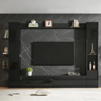 Mueble de salón compacto de 4 piezas, mueble de TV integrado con vitrina y estanterías abiertas, gran capacidad de almacenaje, 245x30x170 cm, Negro(m-4)