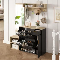 Set guardaroba 4 pezzi, set completo di mobili per ingresso con scarpiera, panca, appendiabiti da parete e specchio, 130x30x174 cm, Nero(m-5)