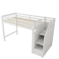 Letto a soppalco per bambini con rete a doghe, parapetto perimetrale e vano portaoggetti, 256x98,5x147 cm, Bianco(m-7)