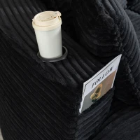 Bogesofa em veludo cotelê, com porta-copos em ambos os lados e bolso lateral, inclui almofadas, 250x152x82 cm, Preto(m-11)