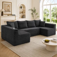Divano a U in velluto a coste con portabicchieri integrato e tasca laterale, imbottitura a molle, 320x155x88 cm, Grigio scuro(m-1)