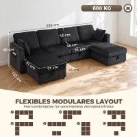 HOMCOM Ecksofa 4-Sitzer U-Form Sofa mit Stauraum-Ottomane, 306 cm Eckcouch mit Cord-Optik, 4 Kissen, für Wohnzimmer(m-3)