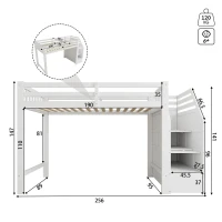 Cama alta 90x200cm con somier de lamas, barandilla de seguridad perimetral con espacio de almacenamiento integrado, sin colchón, 256x98,5x147 cm, Blanco(m-3)