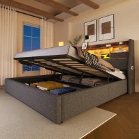 Letto matrimoniale contenitore 140x190 cm con leva idraulica, testiera LED e 4 porte di ricarica, 208x152.5x116 cm, Grigio(m-5)
