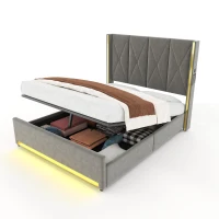 Cama de terciopelo con cabecero acolchado y capitoné, prácticos bolsillos laterales, para colchón 160L x 200AN cm, 170x213x141 cm, Gris oscuro(m-8)