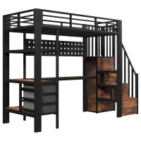 Cama alta 90×200 cm, prateleiras, escada com arrumação, sem colchão, 251x96x170 cm, Preto(m-7)