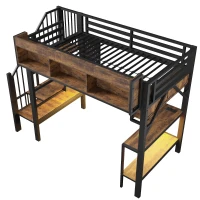 Cama alta 90x200 cm com secretária de canto, muito espaço de arrumação & placa perfurada, régua de tomadas integrada, 255x114x182 cm, Castanho+Preto(m-8)
