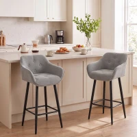 HOMCOM Conjunto de 2 Banquetas de Bar, Cadeiras de Bar Estofadas em Chenille, Assento Largo 67 cm, Encosto e Apoio para os Pés, Cinza(m-2)