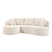 Bogesofa em veludo cotelê, com porta-copos em ambos os lados e bolso lateral, inclui almofadas, 250x152x82 cm, Bege(m-1)