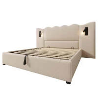 Cama estofada Cama de casal 180x200 cm com candeeiro de leitura giratório, revestida a linho, cabeceira ondulada, sem colchão, 215x252x111 cm, Bege(m-6)