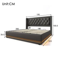 Cama estofada cama de casal 180x200 cm com arrumação hidráulica, estrutura de aço estável, revestimento em PU fácil de limpar, sem colchão, 210x190x101 cm, Preto(m-3)