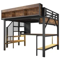 Cama alta 140x200 cm estilo vintage com secretária de canto, muito espaço de arrumação e chapa metálica‑perfurada, régua de tomadas integrada, 255x164x182 cm, Castanho+Preto(m-6)