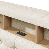 Cama estofada 140 × 200 cm, iluminação LED, design flutuante, sem colchão, 217x141x110 cm, Bege(m-11)
