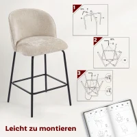 HOMCOM 2er-Set Barhocker mit Rückenlehne und Fußstütze, Polsterstühle mit Stahlbeinen für Kücheninsel, Esszimmer, Beige(m-7)