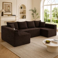 Divano a U in velluto a coste con portabicchieri integrato e tasca laterale, imbottitura a molle, 320x155x88 cm, Marrone(m-1)