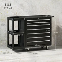 HOMCOM Gereedschapswagen met 7 lades, afneembaar zijrek, 4 wielen met parkeerrem, 96x33,5x75 cm, Zwart(m-3)