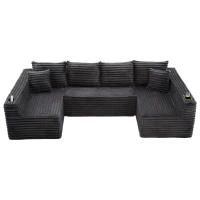 Divano a U in velluto a coste con portabicchieri integrato e tasca laterale, imbottitura a molle, 320x155x88 cm, Grigio scuro(m-2)