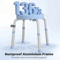 HOMCOM Taburet de Duș Rotativ, 5 Înălțimi Reglabile, Antiderapant, din Aliaj de Aluminiu, 136 kg, Albastru Deschis(m-6)