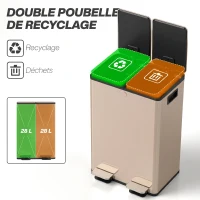 HOMCOM Poubelle de cuisine 2 compartiments de 2 x 28L, acier inoxydable, couvercle à fermeture douce, 45,8x36x67,6cm, or(m-4)