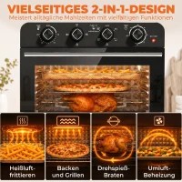 HOMCOM Heißluftfritteusen-Backofen mit Umluft und Drehspieß-Set, Temperaturregler, Timer, 1800 W(m-5)