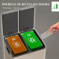 HOMCOM Poubelle de cuisine 2 compartiments de 2 x 20L, acier inoxydable, couvercle à fermeture douce, 45,8x36x51,6cm, or(m-4)