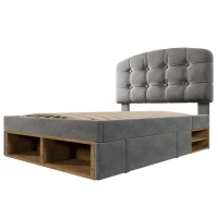 Cama tapizada 90x200 con ajuste de altura en 3 niveles, cajones integrados y compartimentos de almacenaje, 207x101x120 cm, Gris(m-1)