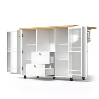 Isla de cocina sobre ruedas con encimera abatible, protección antivuelco y ruedas con bloqueo 360°, 120x70x92 cm, Blanco(m-7)