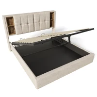 Cama estofada com arrumação, cabeceira com prateleiras, para colchão 180x200 cm, 206x185x100,5 cm, Cor natural(m-8)