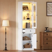 Vitrine alta com iluminação LED, grande espaço de arrumação com 3 prateleiras de vidro, 1 gaveta e 2 portas, 55x40x200 cm, Branco(m-5)