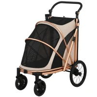 PawHut Carrito para Perros Plegable hasta 20 kg con Ruedas Grandes Suspensión y Freno Ventanas de Malla Cojín Marrón Claro(m-11)