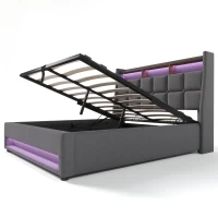 Letto imbottito 140x200 cm con materasso, leva a gas con vano contenitore, rete a doghe in metallo e testiera imbottita effetto lino, 210x145x117 cm, Grigio(m-8)