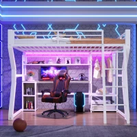 Cama alta 140x200 cm com secretária integrada, fita LED regulável e tomada integrada, 204x181,5x180 cm, Branco(m-5)