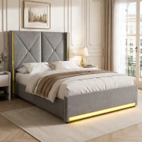 Cama em veludo com cabeceira acolchoada e matelassada, bolsos laterais, adequada para colchão 90X200 cm, 100x213x141 cm, Cinzento escuro(m-4)