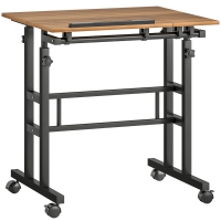 HOMCOM Bureau assis debout bureau réglable en hauteur 70 x 60 cm à roulettes avec plateau inclinable cadre en métal marron