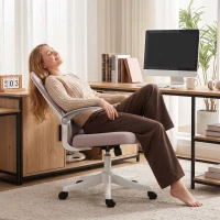 HOMCOM Silla de Oficina en Malla con Reposabrazos Abatibles, Altura Regulable y Ruedas, Rosa y Blanco(m-5)