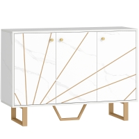 HOMCOM Meuble de rangement buffet salon avec 2 placards 3 portes et étagère réglable, pieds en métal, aspect marbre blanc