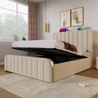 Letto matrimoniale imbottito con spazio contenitore e rivestiento effetto lino, 203x150x102 cm, Beige(m-5)
