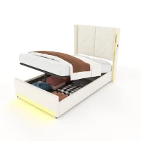 Cama em veludo com cabeceira estofada e matelassada, bolsos laterais, 100x213x141 cm, Bege(m-8)