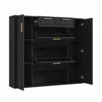 Scarpiera moderna con ripiani regolabili, 2 cassetti e maniglie dorate, 120x24x107 cm, Nero(m-5)