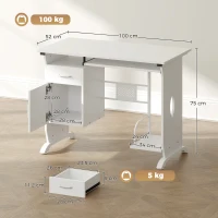 HOMCOM Birou pentru calculator, 100 x 52 x 75 cm, poliță glisantă pentru tastatură, sertare și suport pentru unitatea centrală, alb(m-3)