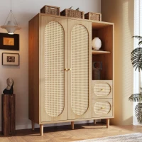 Guarda-roupa estilo rústico, 2 portas, 2 gavetas & prateleiras abertas para muito espaço de arrumação, 120x44x161 cm, Cor natural(m-2)