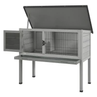 PawHut Winterbestendige Konijnenhok van Vurenhout met Openklapbaar Dak 84x43x70 cm - Grijs(m-10)