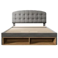 Cama de casal 140x200 estofada com estrado de ripas, cabeceira curva regulável em 3 alturas, sem colchão, 207x151x120 cm, Cinzento(m-1)