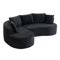 Bogesofa em veludo cotelê, com porta-copos em ambos os lados e bolso lateral, inclui almofadas, 250x152x82 cm, Preto(m-6)