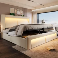 Cama doble 140x200 cm con elevador hidráulico, cabecero tapizado en terciopelo con diseño curvo, sin colchón, 217x143x107 cm, Beige(m-6)