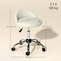 HOMCOM Tabouret à roulettes tabouret de travail pivotant 360° hauteur réglable 53-73 cm revêtement synthétique blanc(m-3)